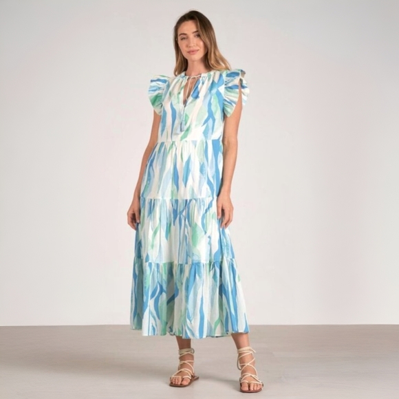 Elan Dresses & Skirts - Blue & Green Flutter Sleeve Maxi Dress 100% Cotton Size S Coastal Cottagecore